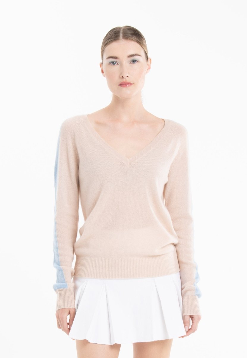 Pull col V femme en cachemire skin & baby blue - RIA 1