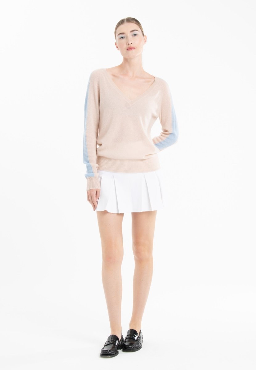 Pull col V femme en cachemire skin & baby blue - RIA 1
