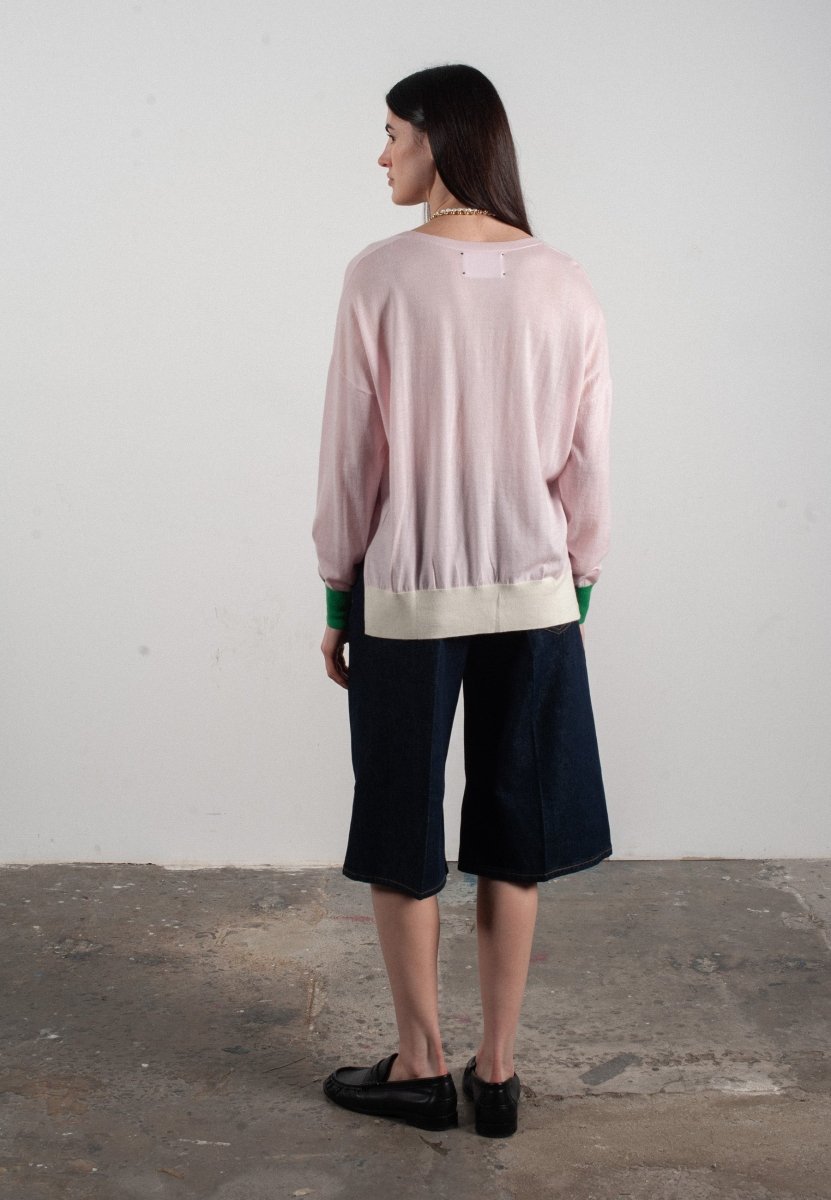 Pull col V femme en cachemire & laine ultrafin lavande & vert & blanc  - KELLY 10