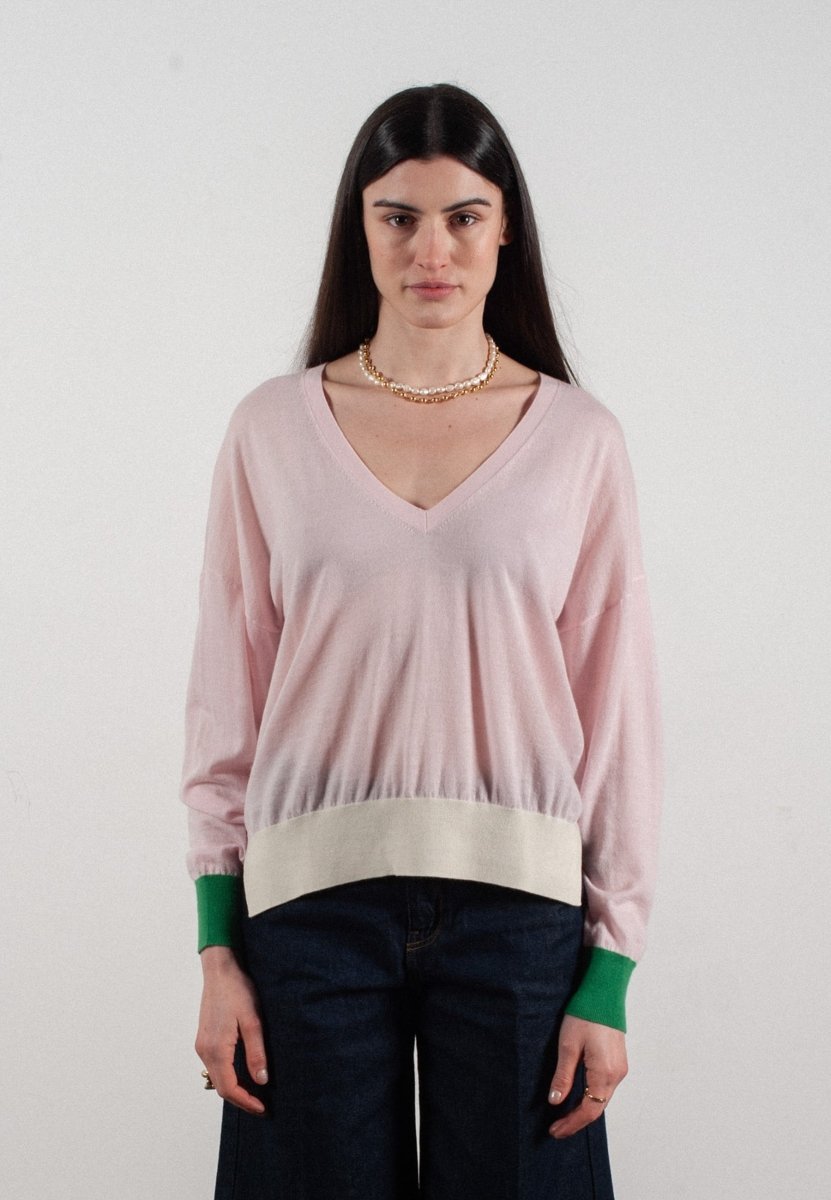 Pull col V femme en cachemire & laine ultrafin lavande & vert & blanc  - KELLY 10