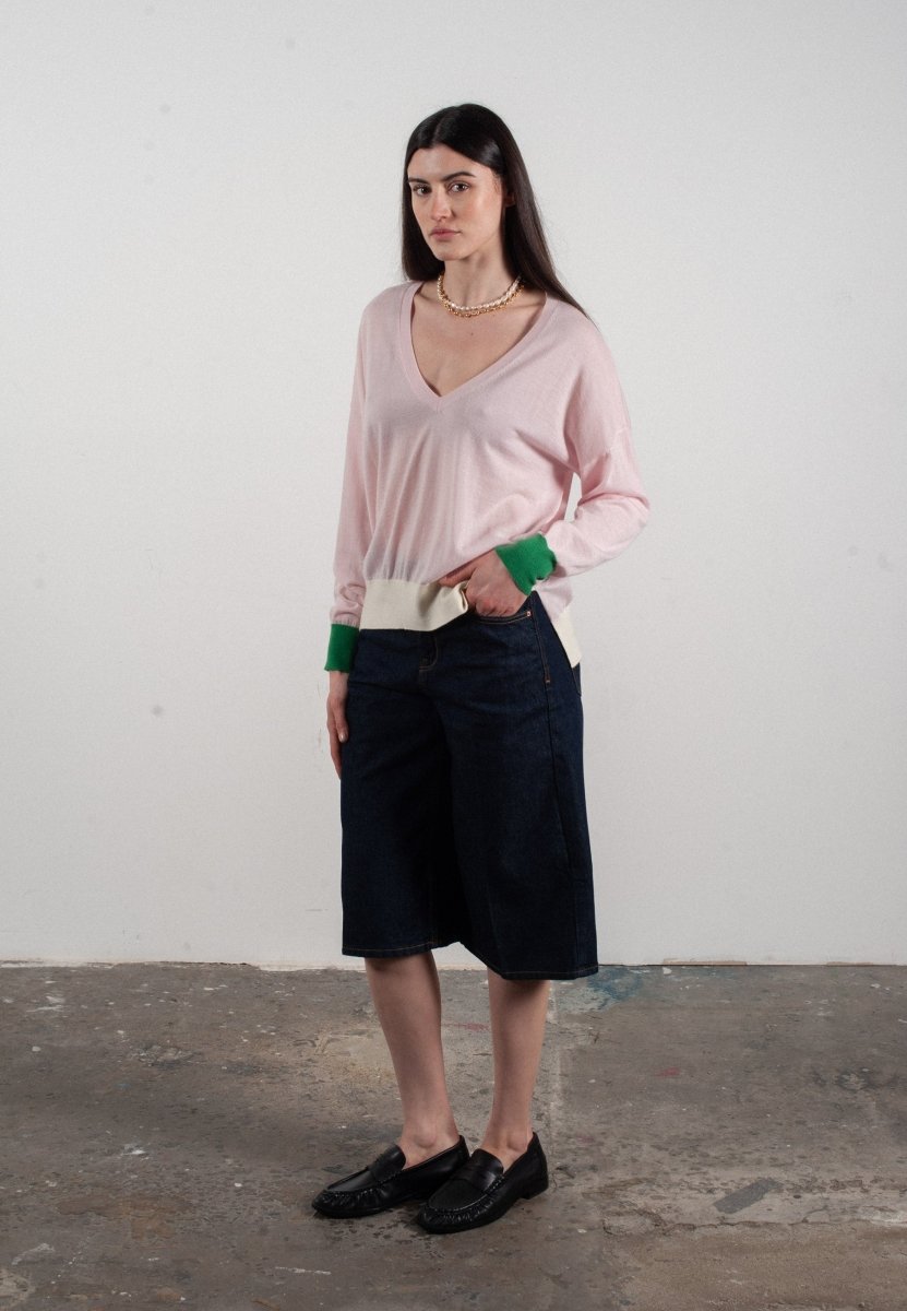 Pull col V femme en cachemire & laine ultrafin lavande & vert & blanc  - KELLY 10