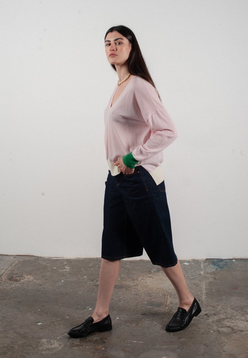 Pull col V femme en cachemire & laine ultrafin lavande & vert & blanc  - KELLY 10