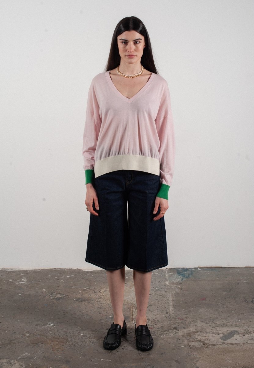 Pull col V femme en cachemire & laine ultrafin lavande & vert & blanc  - KELLY 10