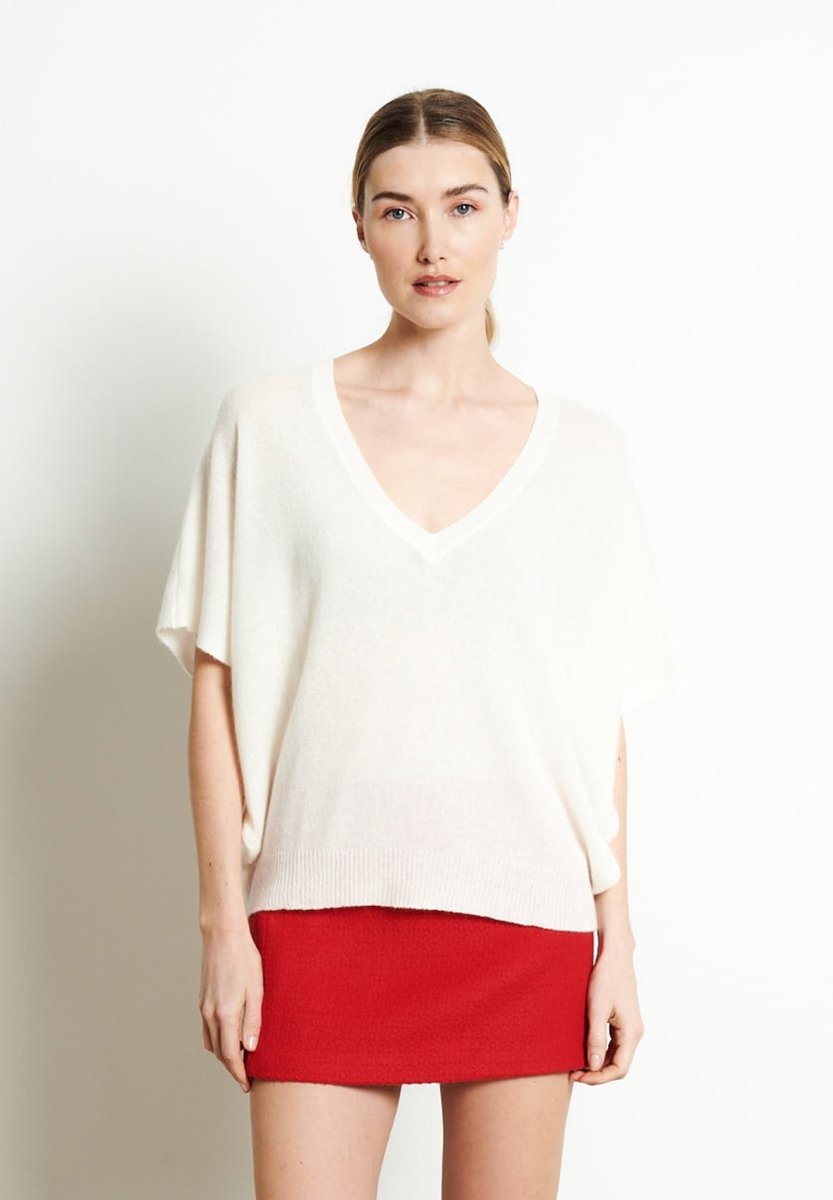 Pull col V manches chave souris femme en cachemire blanc écru - RIA 25