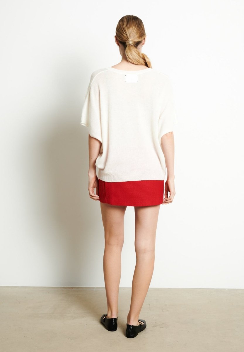 Pull col V manches chave souris femme en cachemire blanc écru - RIA 25